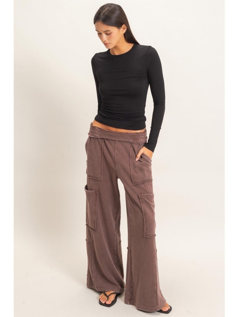 CloudDwellers Brown Mineral Washed Cotton Blend Wide Leg Cargo Sweatpants - Picture 5 of 7